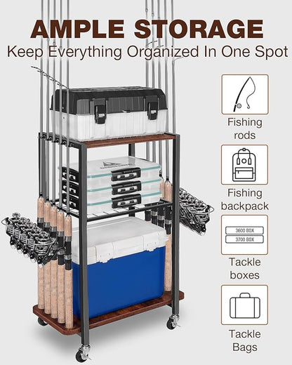 Ghosthorn Fishing Rod Holders for Garage Fishing Gear and equipment Rotating Tackle Storage Cart Pole Rod Rack Hold up to 10 Rods