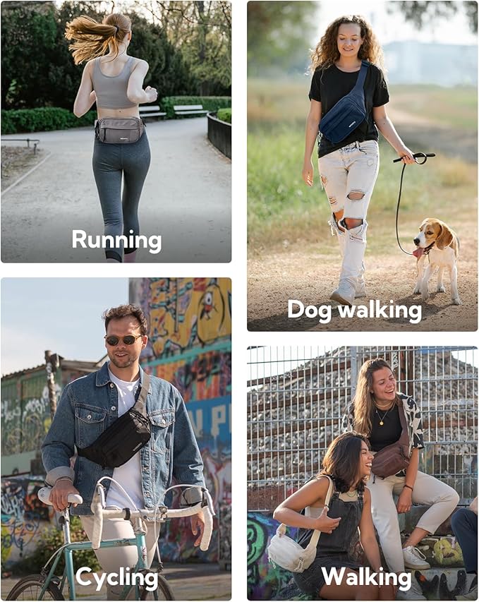 WATERFLY Fanny Pack Waist Packs: Large Crossbody Fanny Packs for Women Men with 5 Zipper Pockets Adjustable Strap Waist Bags Hip Pack for Traveling Cycling Running Hiking-Gray