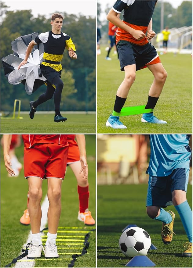 Speed Agility Training Equipment Set - 20ft Agility Ladder, 10 Disc Cones, Resistance Parachute, 5 Resistance Bands & Carry Bag | Football Soccer Basketball Fitness Drills for Kids Adults