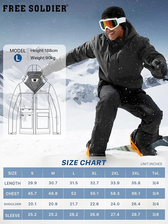FREE SOLDIER Men's Waterproof Ski Jacket Fleece Lined Warm Winter Snow Coat with Hood Fully Taped Seams