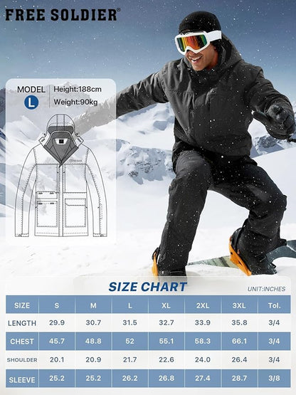 FREE SOLDIER Men's Waterproof Ski Jacket Fleece Lined Warm Winter Snow Coat with Hood Fully Taped Seams