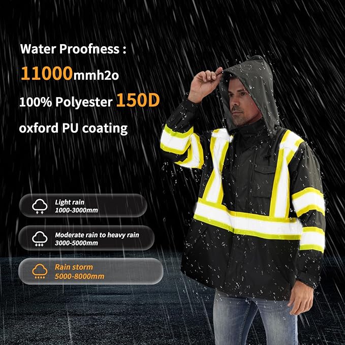 Reflective Rain jackets for men waterproof,Hi Vis Safety Coat With Reflective Strips，High Visibility Class 3 Rain jackets With 2 large pockets，Zipper,Black ，SM/MD