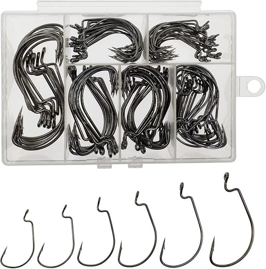 Worm Hooks for Bass Fishing Hooks, 110pcs Bass Hooks Fishing, 6 Sizes Fishing Hooks Freshwater, Eagle Claw Hooks #1 1/0 2/0 3/0 4/0 5/0 Black High Carbon Steel with Portable Plastic Box