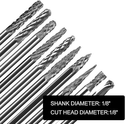 Mini Carbide Burrs Set 1/8’’ Shank Solid Tungsten Carbide Burrs with 1/8’’ Cutting Head Double Cut Rotary File for Die Grinder Rotary Drill Tool 20pcs for Carving Grinding Engraving Polishing Bit