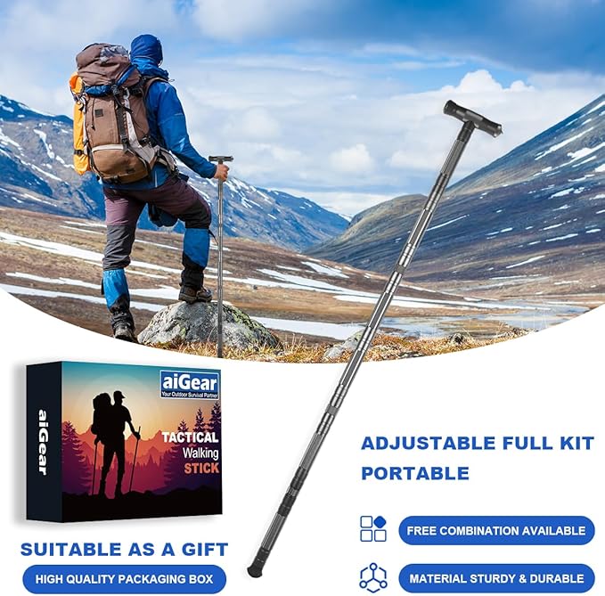 aiGear Tactical Stick Hiking Walking Staff - Trekking Poles Tactical Staff Adjustable Hiking Stick Gear for Outdoor Survival Camping Hiking