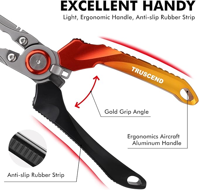 TRUSCEND Lockable Handy Fishing Pliers with Innovative Ergonomic Handle, Saltwater Corrosion Resistant Teflon Coated Fishing Tool, Multi-Function Fishing Gear with Mo-V Cutter