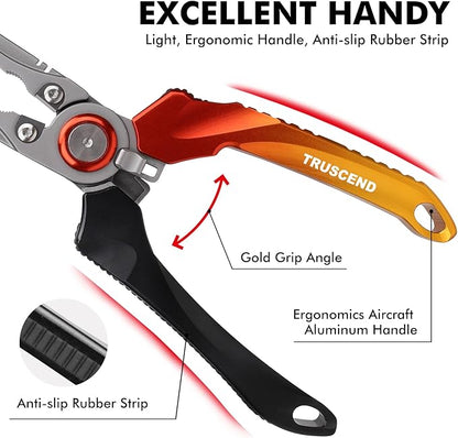 TRUSCEND Lockable Handy Fishing Pliers with Innovative Ergonomic Handle, Saltwater Corrosion Resistant Teflon Coated Fishing Tool, Multi-Function Fishing Gear with Mo-V Cutter