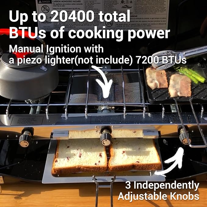 Camping Stove, 3 Burners Propane Portable Camp Stove with Regulator & Griddle, Push-Button Instant Ignition, Portable Camp Grill, Adjustable Burners for Camping Cooking (BLACK-20400 BTUs)