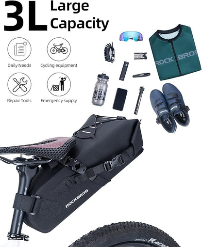 ROCKBROS Bikepacking Bag Bike Saddle Bag Large Capacity Bikepacking Seat Bag Waterproof Bike Seat Bag Max 3L