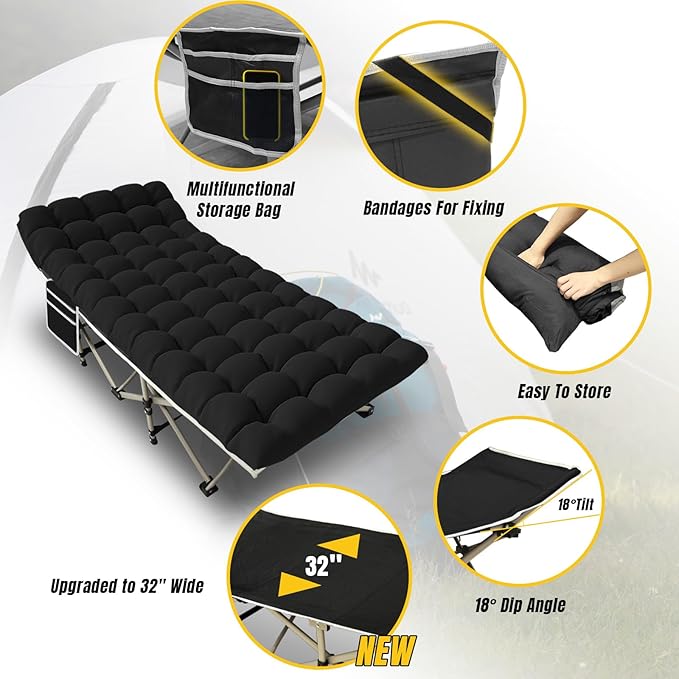 YELLOW JACKET Camping Cot with Mattress for Adults, Upgraded 32" Wide Folding Sleeping Cot, Portable Camping Cot with Carry Bag, Cot for Camping 600lbs Max Load, Home,Office,Travel (Black)