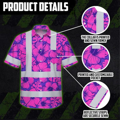 High Visibility Hawaiian Shirt for Men Tropical Shirts Custom Name Floral Outfit Reflective Safety Workwear