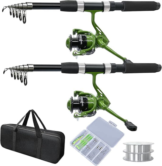 2PACK Fishing Pole Combo,Fishing Rod Combos with Telescopic Fishing Pole Spinning Reels Fishing Carrier Bag for Travel Saltwater Freshwater
