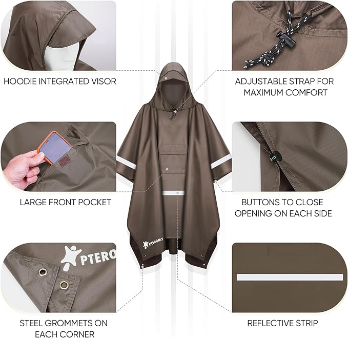 PTEROMY Hooded Rain Poncho for Adult with Pocket, Waterproof Lightweight Unisex Raincoat for Hiking Camping Emergency