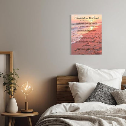 Footprints In The Sand Wall Art Religious Poem Poster Jesus Christian Print Retro Canvas Motivational Quotes Painting Pictures Home Decor Framed 16 * 24 Inch
