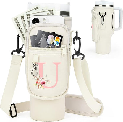 Initial Water Bottle Holder with Strap for Stanley 40 oz Tumbler/Simple Modern 40 oz Tumbler,Water Bottle Carrier Bag with Strap,Personalized A-Z Phone Pocket for Stanley Cup Accessories
