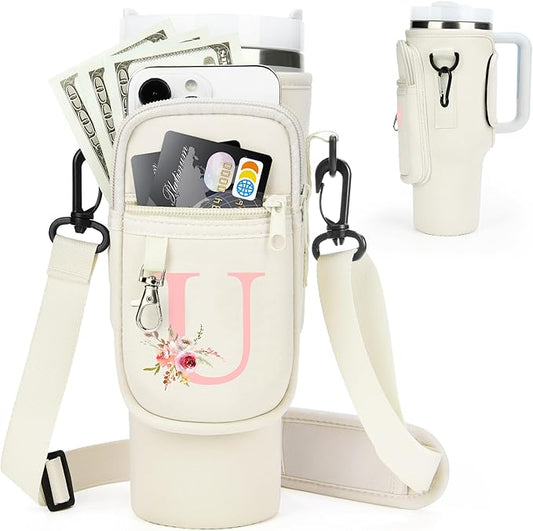 Initial Water Bottle Holder with Strap for Stanley 40 oz Tumbler/Simple Modern 40 oz Tumbler,Water Bottle Carrier Bag with Strap,Personalized A-Z Phone Pocket for Stanley Cup Accessories