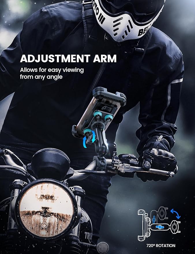 Lamicall Motorcycle Phone Mount Holder - [Dual Vibration Dampener] [Metal Adjustment Arm] Motorcycle Cell Phone Holder, Bike Handlebar Phone Mount, for iPhone 16 15 14 Pro Max, 4.7-6.7" Phones, Blue