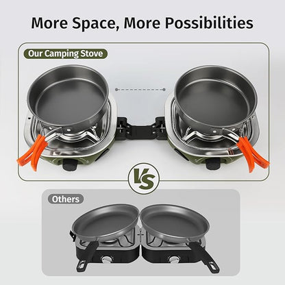 Propane Camping Stove 20,000 BTU - Portable 2 Burner Gas Stove with Adjustable Flame Control, Piezo Ignition, Carry Bag & Propane Adapter Hose, Folding Design for Camp, BBQ, Tailgating, Green