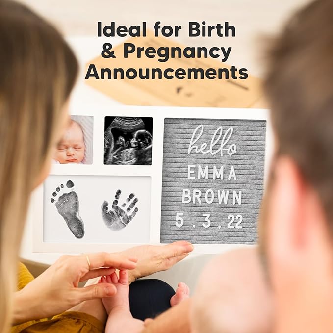 Baby Hand & Footprint Kit with Felt Letterboard, Inkless Ink Pad - Personalized New Mom Gifts for Baby Announcement, Cute Nursery Newborn Picture Frame,Ideal Dog Nose & Paw Print Kit(Alpine White)