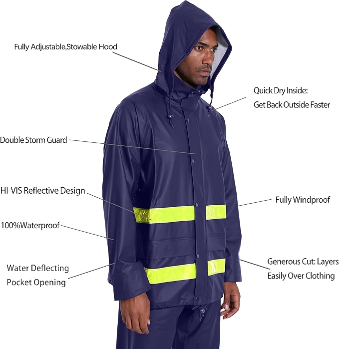 Hi-Vis Rain Jacket for Men – Waterproof Work Safety Coat with Reflective Strips, EN 343 Certified, Durable PU