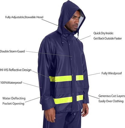 Hi-Vis Rain Jacket for Men – Waterproof Work Safety Coat with Reflective Strips, EN 343 Certified, Durable PU