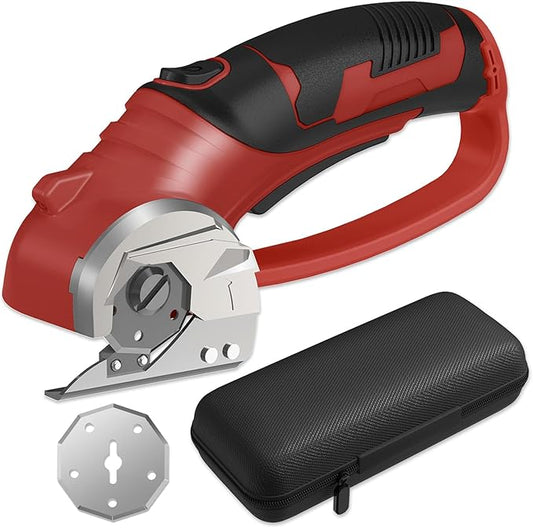 Cordless Electric Scissors, 4V Box Cutter & Cardboard Cutter with 2 Titanium Blades - Rotary Cutter with LED Light for Fabric, Leather, Carpet, Plastic, Crafting + Storage Case (Red)