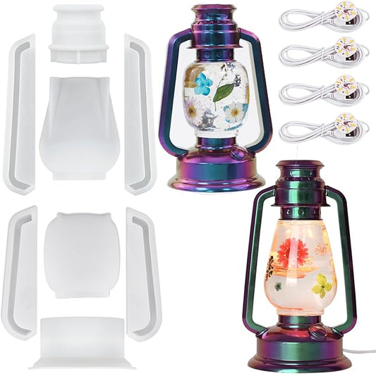 Actvty Kerosene Lamp Resin Mold Set, 2 Shapes Lantern Silicone Molds for Resin Casting, Camping Lantern Molds with 4pcs LED Lights DIY Retro Oil Lamps for Table Fireplace Home Decoration