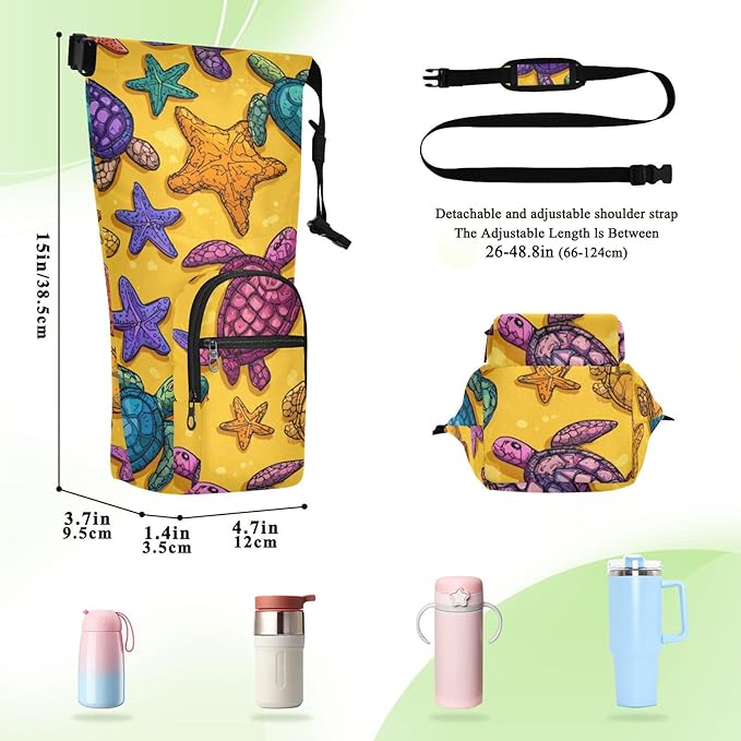 Colorful Turtles and Starfish Water Bottle Holder with Strap Insulated Water Bottle Carrier Crossbody Bags Pouch with Phone Pocket for Travel Gym Hiking Walking Running
