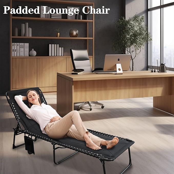 Outdoor Folding Lounge Chair Padded for Adults 264Ibs Patio Chaise Lounge Chair for Outside 5-Position Adjustable Reclining Beach Chair with Pillow Pocket