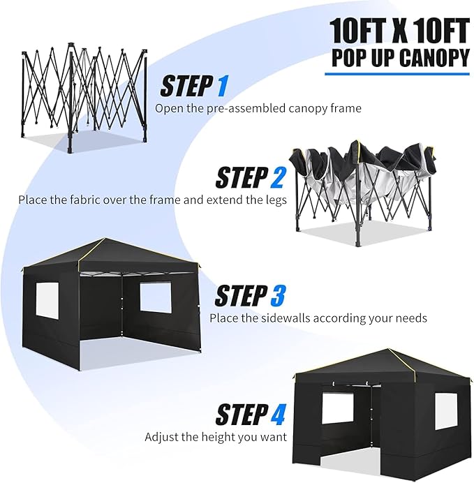 10x10 Pop Up Canopy Tent with 4 Sidewalls and Mesh Windows 2.0, Waterproof Commercial Instant Gazebo Tent Outdoor Canopy Tents for Party/Exhibition/Picnic with Carry Bag,4 Stakes & Ropes (Black)