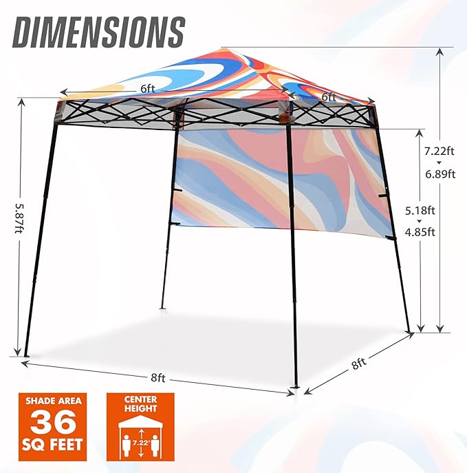 EAGLE PEAK 8x8 Pop Up Canopy Tent with Sidewall, Compact, Portable Slant Leg Instant Sun Shelter for Beach, Sports, & Camping, 8x8 Base 6x6 Top, Swirl