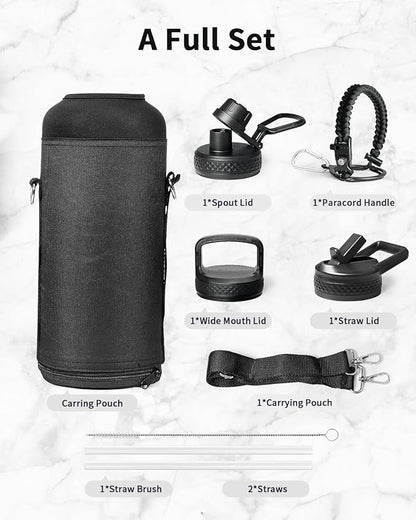 Trebo Water Bottle 87 oz with Paracord Handle, Double Wall Vacuum Stainless Steel Insulated Water Jug (Keep Cold 48hrs),Leakproof Flask For Hot Drinks with Straw Spout Lids, Black
