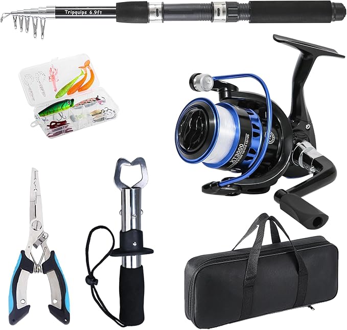 Fishing Pole, Telescopic Fishing Rod and Reel Combo, 13+1BB Pre-Loaded Spinning Reel Combo with Fishing Pliers and Lip Gripper, 6.9FT Fishing Rod Combo