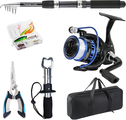 Fishing Pole, Telescopic Fishing Rod and Reel Combo, 13+1BB Pre-Loaded Spinning Reel Combo with Fishing Pliers and Lip Gripper, 6.9FT Fishing Rod Combo