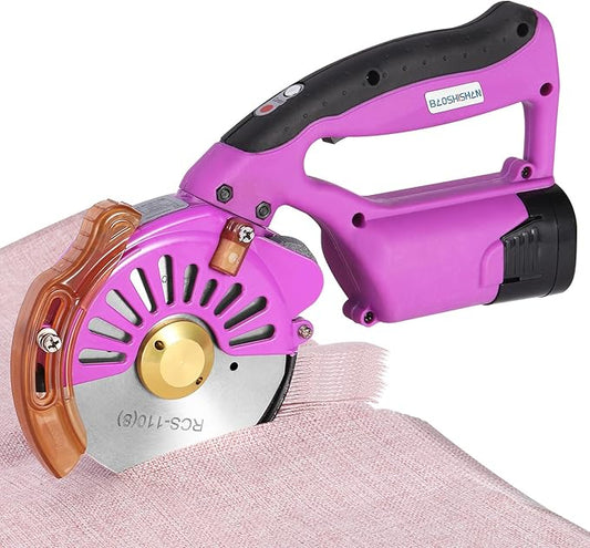 BAOSHISHAN Electric Fabric Rotary Cutter with 2x14.8V Battery Big Cordless Speed Adjustable Scissor 100mm/4inch Round Knife Leather Cutting Machine Suitable for Multi-Layer Fabric (Purple (Cordless))