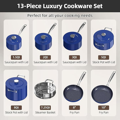 Nuwave Lux 13pc Forged Lightweight Cookware Set PFAS Free, Healthy G10 Duralon Ceramic Coating, Ultra Non-Stick, Stay-Cool Handles, Works on All Cooktops & Induction Ready