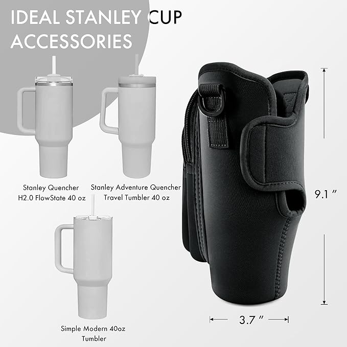 Water Bottle Carrier Bag with Phone Pocket for Stanley Cup 40/30 oz, Water Bottle Holder with Adjustable Strap& Straw Cover, Stanley Cup Accessories