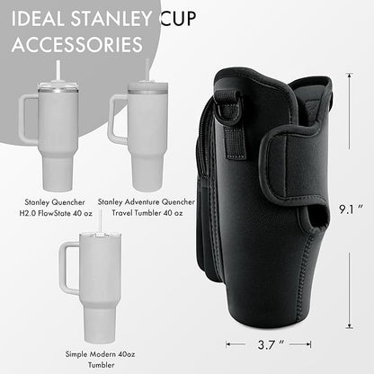 Water Bottle Carrier Bag with Phone Pocket for Stanley Cup 40/30 oz, Water Bottle Holder with Adjustable Strap& Straw Cover, Stanley Cup Accessories