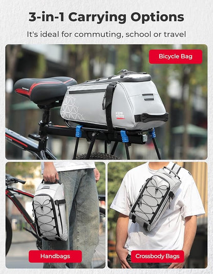 KEMIMOTO Rear Bike Rack Bag, 8L Full Reflective PVC Water Resistant Bicycle Trunk for Road and Mountain Bikes, Ebike Rack Bag with Side Pockets for Cycling Travel Commute