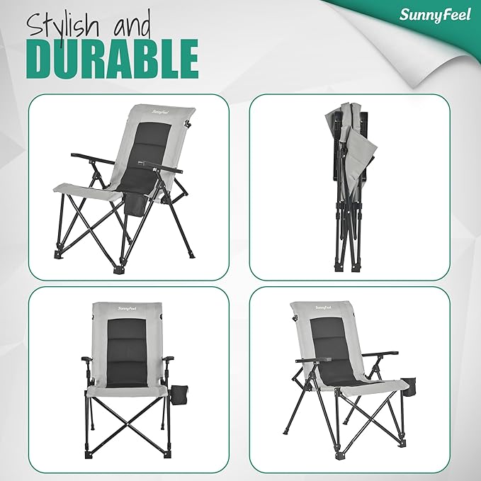 SUNNYFEEL Ergonomic High Back Camp Chair - 500lbs Heavy Duty Folding Chair, UV-Resistant Portable Camp Chair with Hard Armrests, Cup Holder＆ Bag for Outdoor, Basebal, Travel, Sports, Hiking, Fishing
