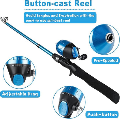 PLUSINNO Kids Fishing Pole with Spincast Reel Telescopic Fishing Rod Combo Full Kits for Boys, Girls, and Adults