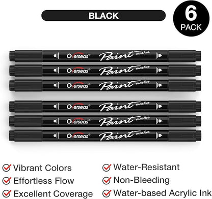 Overseas Black Acrylic Paint Markers, 6 Pack Dual Tip Paint Pens Acrylic Markers - Dot and Brush Tip Coloring Marker for Wood, Rock, Canvas, Glass, Metal, Plastic, Rubber, Fabric, School Supplies
