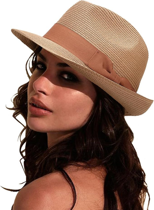 DRESHOW Women Straw Sun Hat Short Brim Panama Travel Fedora Beach Cap Roll up Summer Hat for Women Men UPF 50+