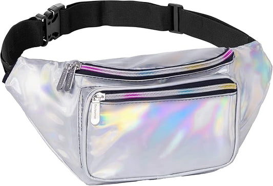 Holographic Fanny Pack Belt Bag | Waterproof Crossbody Bum Waist Pack - For Halloween, Rave, Hiking, Running, Travel (Silver)
