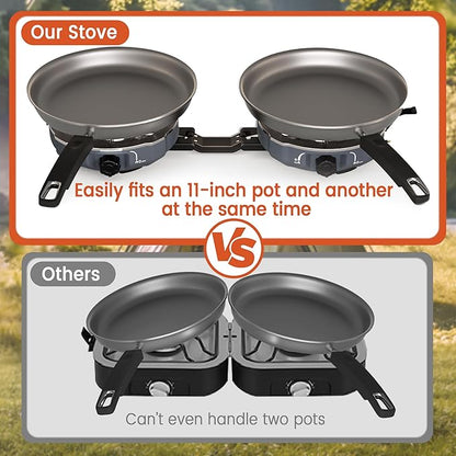 20,000 BTUs 2 Burner Propane Camping Stove, Portable Folding Camp Stove with Adjustable Burners, Built-in Ignition and Carrying Bag, Dual Gas Stoves for Tailgating, Camping, BBQ Overland Grey