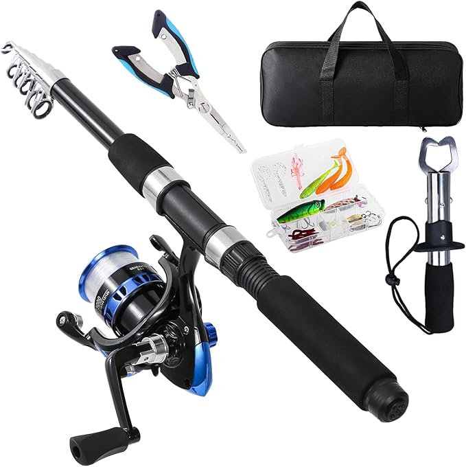 Fishing Pole, Telescopic Fishing Rod and Reel Combo, 13+1BB Pre-Loaded Spinning Reel Combo with Fishing Pliers and Lip Gripper, 6.9FT Fishing Rod Combo