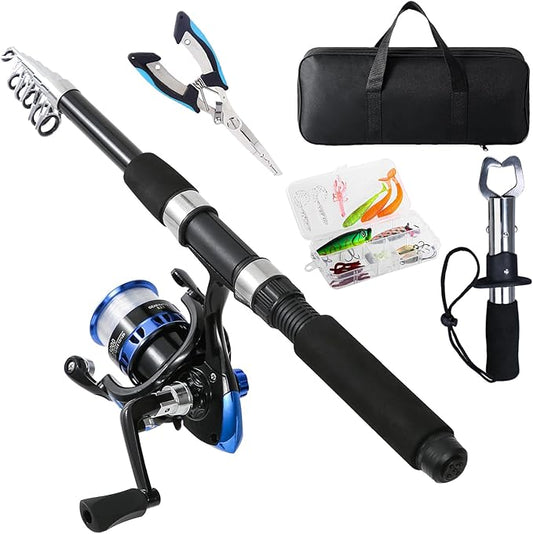 Fishing Pole, Telescopic Fishing Rod and Reel Combo, 13+1BB Pre-Loaded Spinning Reel Combo with Fishing Pliers and Lip Gripper, 6.9FT Fishing Rod Combo