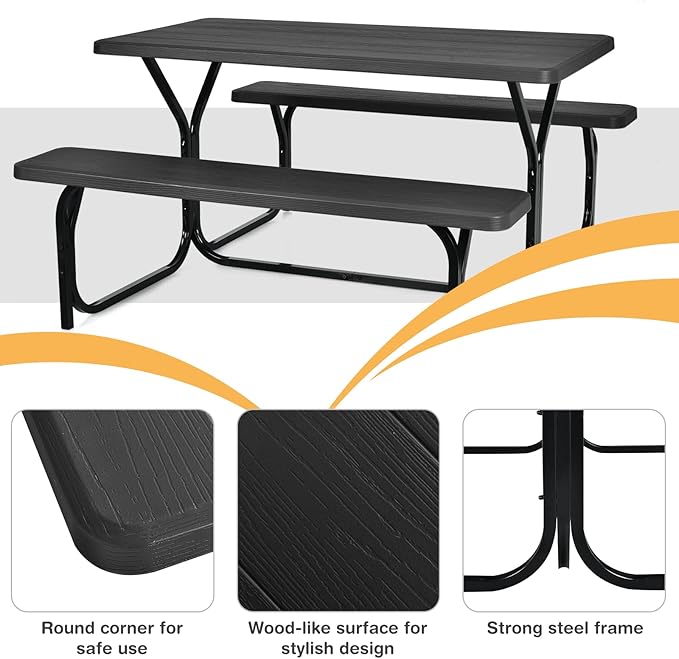 Tangkula Picnic Table Bench Set, Outdoor Picnic Table with 2 Benches, Metal Camping Table with Plastic Wood-Like Texture Tabletop & Steel Frame, Ideal for Picnic, Party, Garden, Lawn (Black)