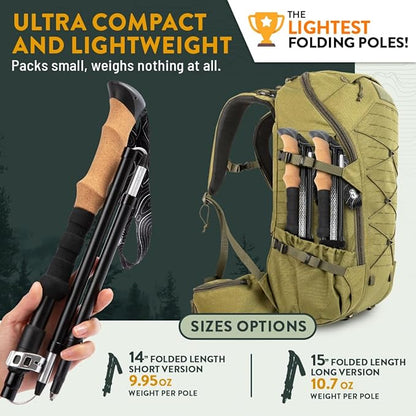 Premium Foldable Hiking Poles by USA Brand - Adjustable, Lightweight Trekking Poles Made of Aircraft Aluminum, Metal Flip Locks & Comfortable Real Cork and EVA Foam Grips