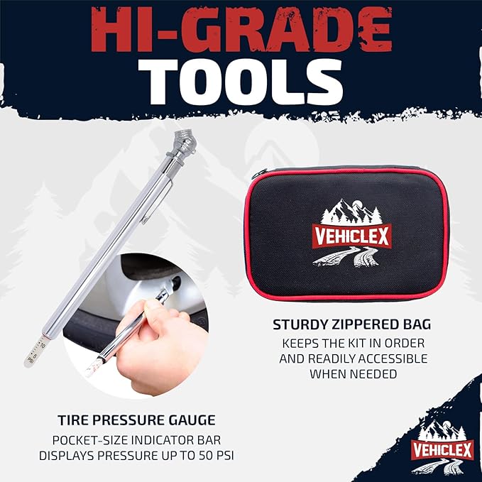 Vehiclex Tire Repair Kit for Plug and Patch with Aluminum Handled Tools - Emergency Kit in Zippered Bag for Car, Motorcycle, ATV, Tractor, Lawn Mower